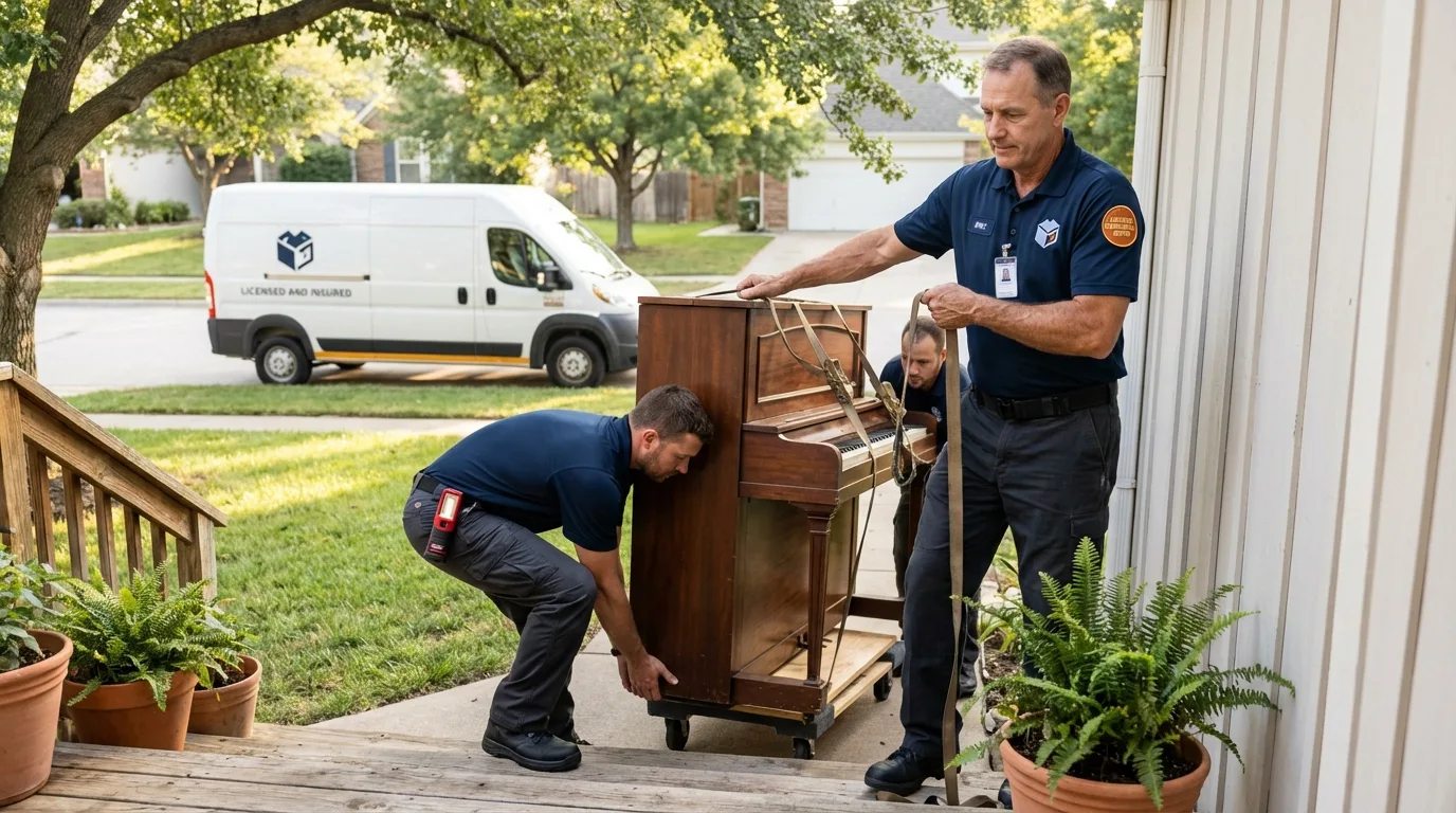 Licensed piano movers securing grand piano in Pasadena, MD