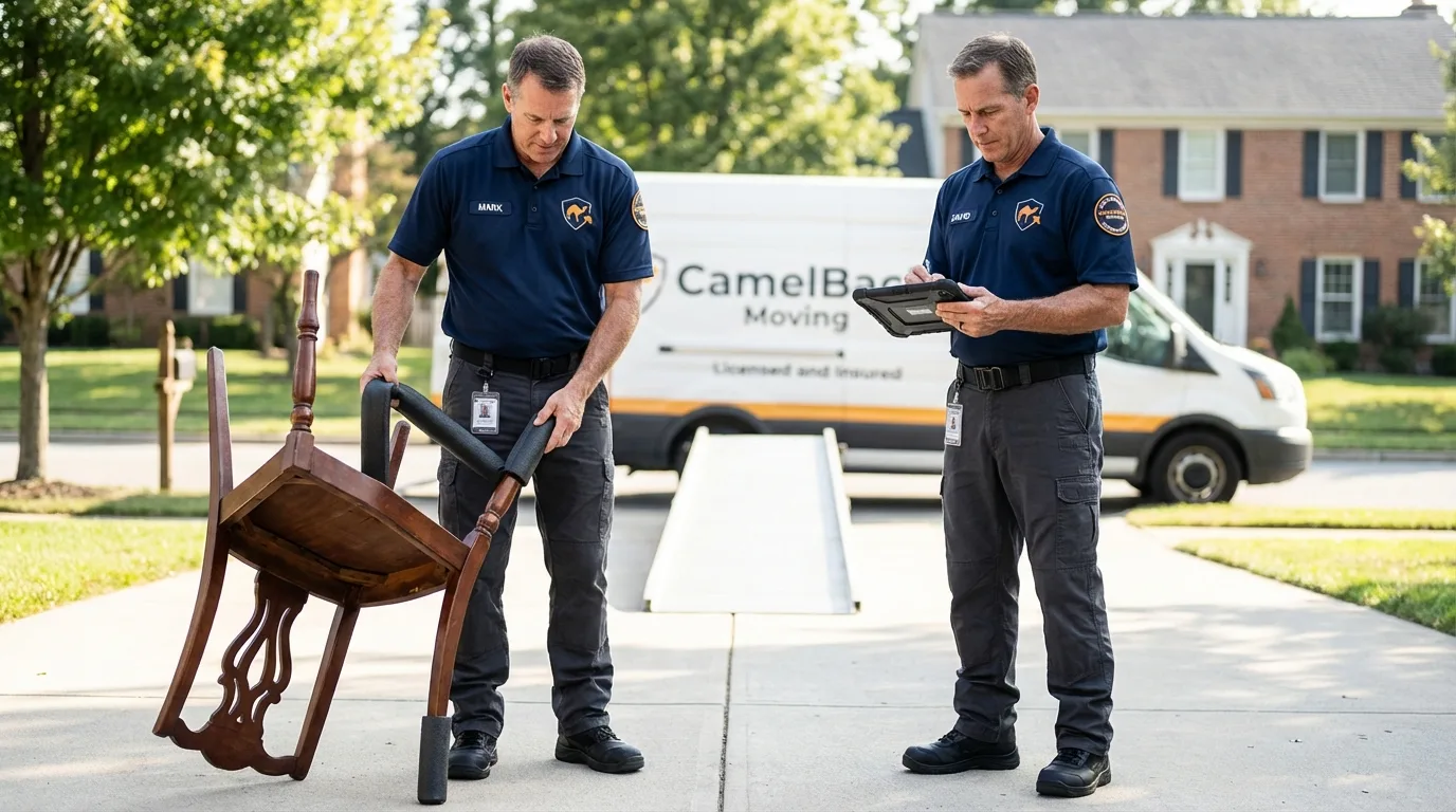 Movers inspecting furniture for damage prevention before loading in Pasadena, MD